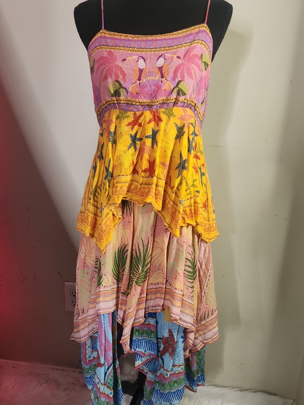 Farm Rio Vibrant Strappy Flowy Tropical Tiered Asymmetrical Midi Dress